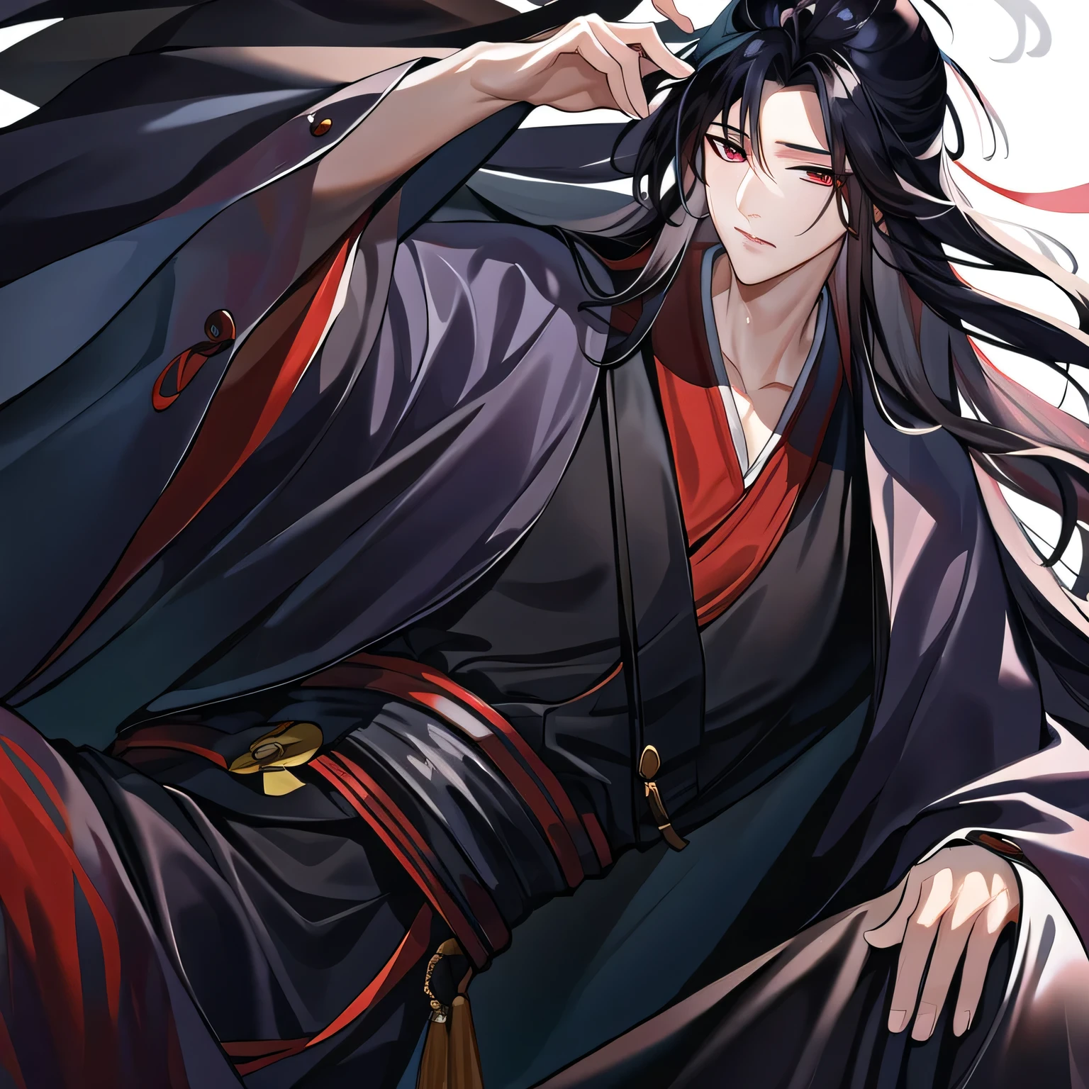 (masterpiece, best quality:1.2), 1male, solo, wei wuxian, mo dao zu shi, mdzs, black clothes, grey eyes, long black hair, perfect anatomy