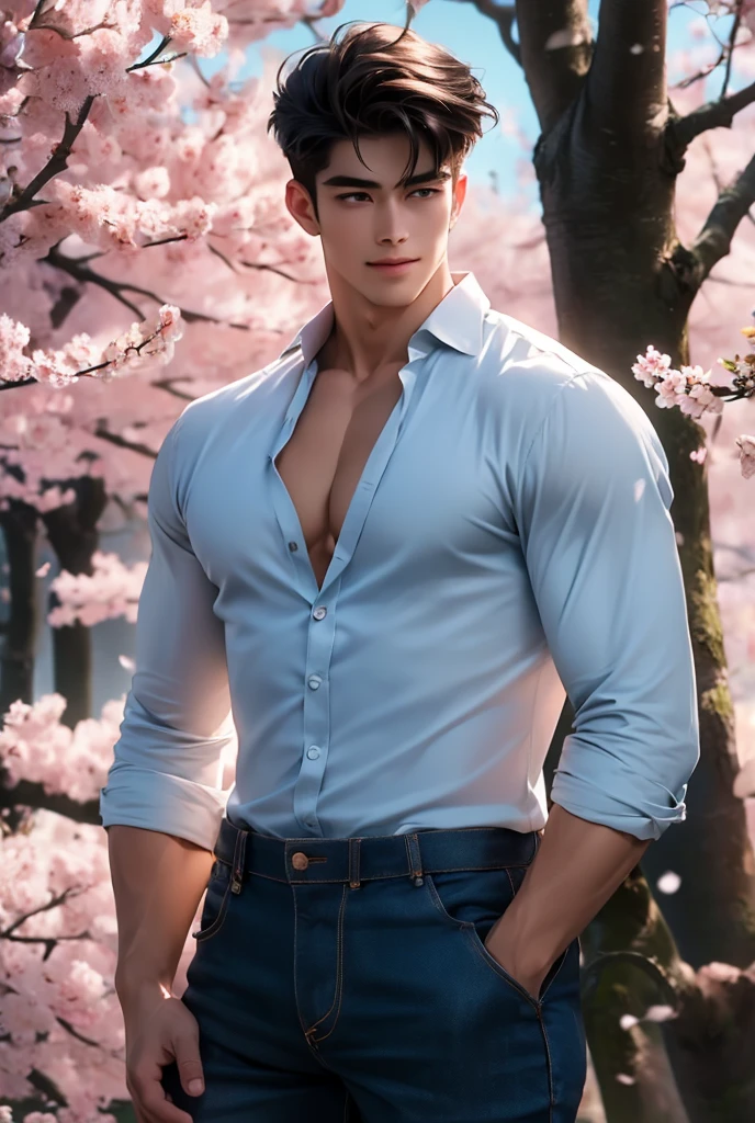 Ultra High Definition, extremely detailed, masterpiece, A tall, lean, handsome, muscular man with a serene expression stands beneath a canopy of cherry blossoms in full bloom, their pale pink petals drifting down around him like snow. His transparent white shirt is unbuttoned, revealing his toned abs and chest, while his dark jeans accentuate his athletic build. His short hair and light smile face give him a youthful, fresh appearance as he gazes towards the viewers. The soft fragrance of cherry blossoms fills the air, and the quiet rustling of the branches adds to the tranquil atmosphere. The ground is carpeted in a layer of delicate pink petals, and the afternoon sun filters through the branches, casting a warm, golden light over his strong, calm figure. His presence blends effortlessly with the scenery creating a breathtaking sense on sensuality and allure.