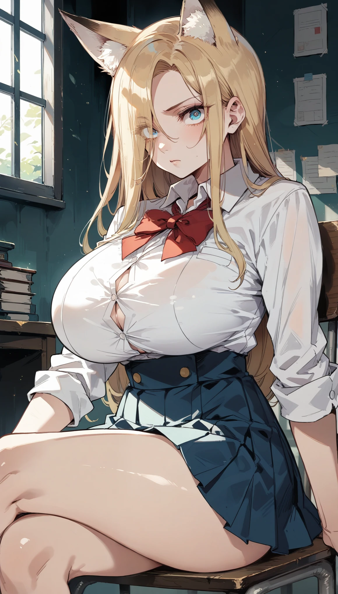 Cold Stare,(Fox Ears),(forehead,long hair over one eye),((side parted hair)),((huge breasts)),((Narrow eyes,Clear Eyes,Perfect Eyes)),Blonde,Long Hair,Old room,Magic School Uniform,Delinquent Girl,gal,mini skirt,Sitting in a chair,Crossing your legs,Lose your posture