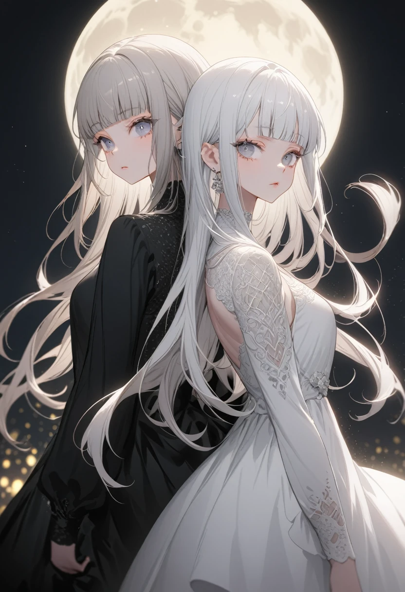 The background is a full moon in the night sky(Best Quality,Very detailed,High resolution:1.2),Back-to-back albino twin girls，Heavy bangs，Long eyelashes，Cool look, The girl on the right is in a white dress，The one on the left is in a black dress，