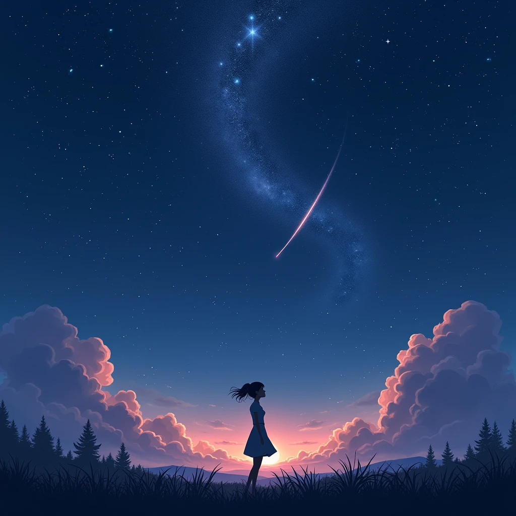 Vast landscape photo, (viewed from below, the sky is above and the open field is below), a girl standing on a flower field looking up, (full moon: 1.2), (meteor: 0.9), (nebula: 1.3), distant mountains , Trees BREAK Crafting Art, (Warm Light: 1.2), (Fireflies: 1.2), Lights, Lots of Purple and Orange, Intricate Details, Volumetric Lighting, Realism BREAK (Masterpiece: 1.2), (Best Quality), 4k, Ultra-Detailed, (Dynamic Composition: 1.4), Very Detailed, Colorful Details, (Rainbow Colors: 1.2), (Glow Lighting, Atmospheric Lighting), Dreamy, Magical, (Solo: 1.2)