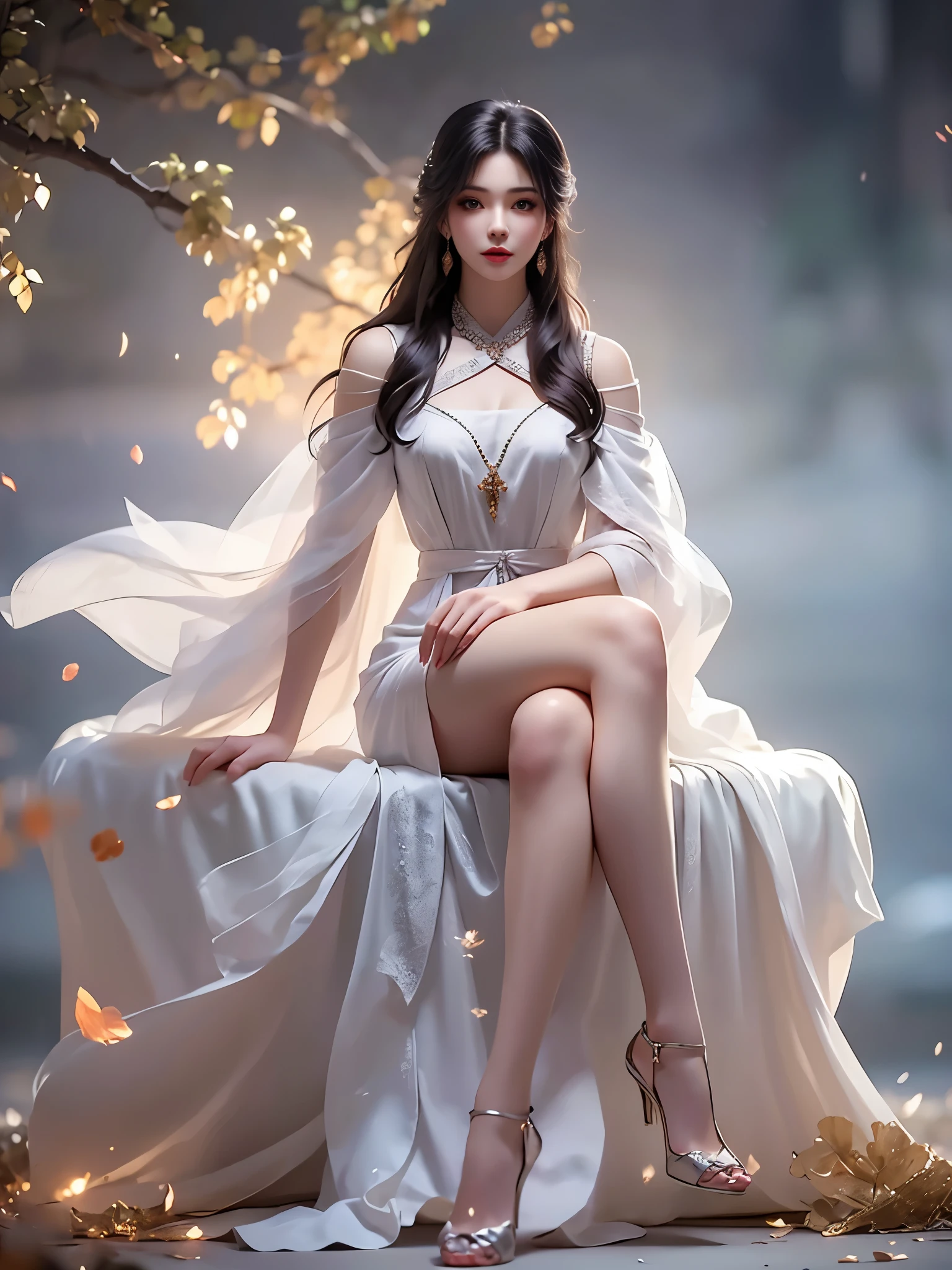 Dark style realistic beauty,Full body shot of a young woman sitting, Slim figure, Full breasts, Sitting elegantly,Cross your legs naturally,Proportion coordination is not deformed, (Focus on natural body posture and correct anatomy:1.3), (Perfect leg proportions:1.3),(True and accurate leg shape:1.2), High heel,Exquisite facial features,Bright and beautiful eyes,Long and thick eyelashes,High nose bridge,Full, rosy lips,Fair and smooth skin,Soft long hair shawl,Smoky Eyes,Understated and gorgeous jewellery,Low-Key Ambience,Side lighting,Strong contrast between light and dark,4k ultra high definition,Professional soundstage,Cinematic