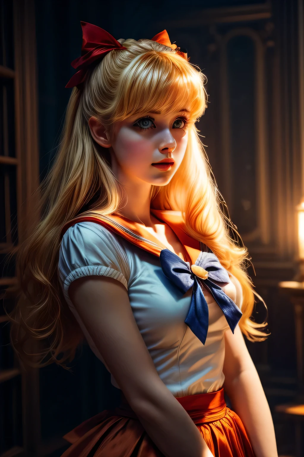 a realistic sailor venus, blonde hair, red ribbon, orange and blue collar, white top, orange skirt, sailor venus details outfit, blue eyes, dark fantasy movie effect, cinematic lighting, hyperrealistic, detailed, 8k, masterpiece, volumetric lighting, dramatic atmosphere, chiaroscuro, detailed fabric textures, ornate jewelry, dynamic pose, moody color palette, dramatic shadows and highlights, heart bokeh, detail eyes, detail nose, detail face, perfact face, beautiful face