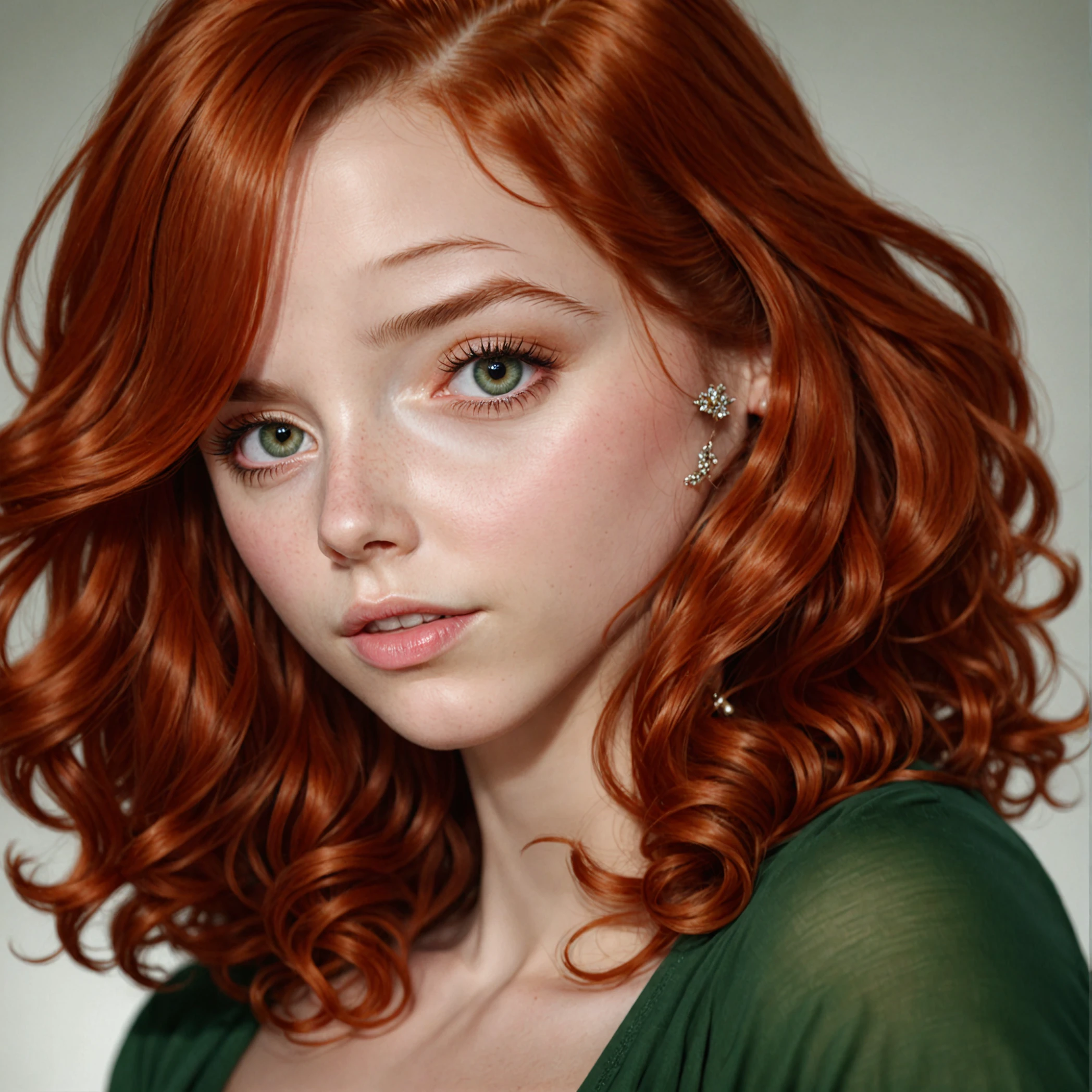 ultra-realistic, slender girl on her back looking over her shoulders, 20 years old, green eyes, detailed facial features, high resolution masterpieces, short curly red hair, fair skin, full body, thin thighs, small breasts, slender buttocks, detailed and defined eyes with eyeliner, thong, no bra, thic, 3d render character art, 8k, realistic character concept, unreal 3d engine, detailed