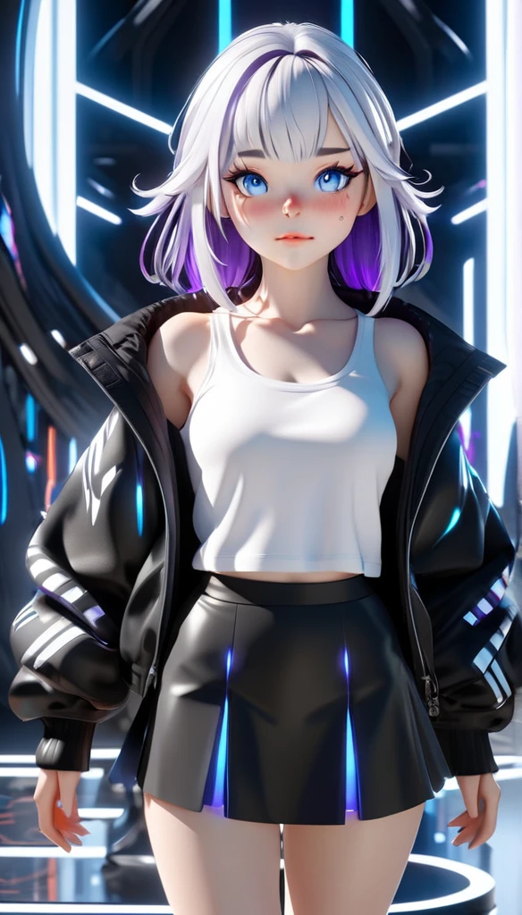 (blonde hair, long hair, sidelocks), (eyes with a mix of pink and blue irises:1.5), two-tone eyes, multicolored eyes gradient eyes, white and black jacket with constellation prints, (best quality,4k,8k,highres,masterpiece:1.2), ultra-detailed, portraits, (HDR:1.1), (vivid colors:1.1), (studio lighting), (bokeh), (highly saturated colors), (soft lighting), (detailed background), (subtle shadows), (ethereal glow), (pastel color palette), (delicate details), (sublime beauty), (feminine charm), (crisp focus), (fine brushwork), (impeccable craftsmanship), (emotional depth), (captivating storytelling), (intriguing narrative), (impressive realism), (exceptional artistry), (masterpiece-worthy), (awe-inspiring), blonde hair, very long hair, sidelocks, (eyes with a mix of pink and blue irises:1.5), (two-tone eyes:1.5), (multicolored irises:1.5), multicolored eyes (gradient eyes:1.5), white and black jacket with constellation prints, metallic skirt, (smug:1.5), (smirk), naughty face, mischievous, futuristic clothing, science fiction setting, high-tech, glowing eyes, (unicursal hexagram-shaped irises), (full body:1.5), (chains:1.5), (holographic halo:1.5), (unicursal hexagram halo:1.5), xuer hologram Laser dress