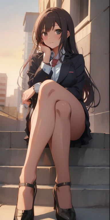 woman sitting on steps with her legs crossed and her hand on her chin, Smooth Anime CG Art, giantess art, Seductive Anime Girl, Fully clothed. painting of sexy, beautiful anime girl squatting, legs crossed, beautiful alluring anime woman, a hyperrealistic schoolgirl, crossed legs, massive legs towering over you, digital anime illustration, painted in anime painter studio