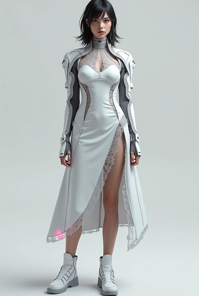 Masters of Animation, A perfect masterpiece, On a snow-white background、Cool Outfits, Sexy and modern clothing、Sexy mature modern woman standing, Flowing silver hair, Full Body Stand Posture, Thin legs, Straight chest, Detailed facial details, Natural and beautiful standing posture, Crisp and realistic body detail,Browsing Caution