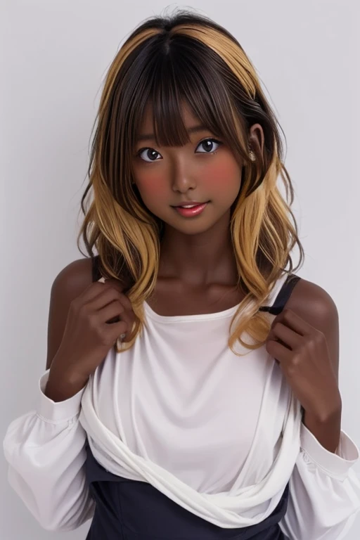 (((( one girl )))), Put your hand over your mouth、Beautiful breasts、 Brown eyes, ((Gal Hairstyles)) blonde, girl, (Eye and facial details:1.0), break, (masterpiece, Highest quality, Very detailed, Detailed face, 8k),( dark skin:2.05 ), (((( school swimsuit )))),( open mouth ),(((( thick lips ))))