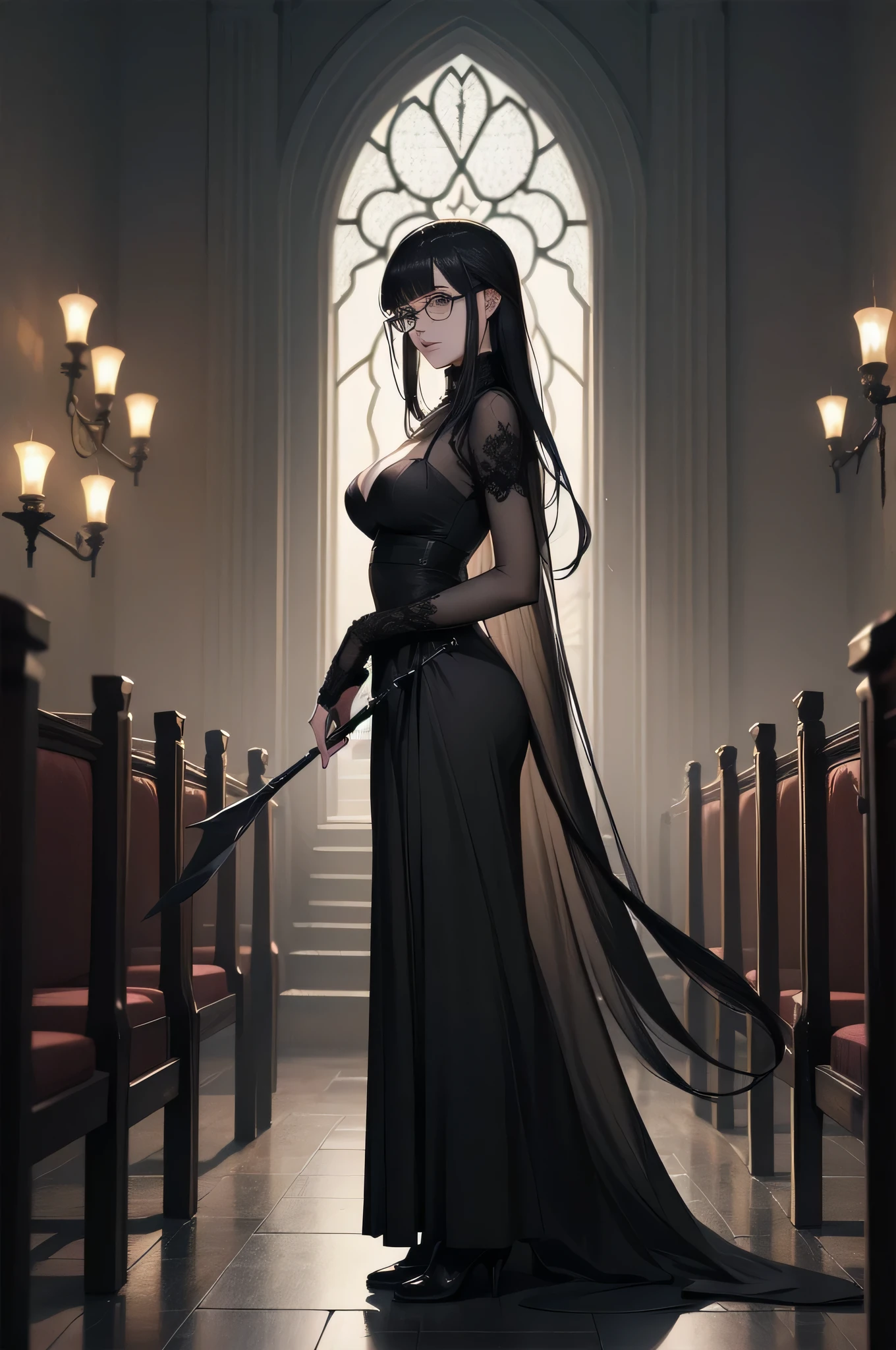 beautiful girl、cute、baby face、Glasses、Black Hair、Long Hair、Straight Hair、bangsBangs、Bangs、Long skirt、Black pumps、Magic wand、witch、beautiful girl、Gothicドレス、Long Dress、Big Breasts、Slim body、(Best Quality,4K,High resolution,Masterpiece 1.2),Very detailed,Real 1.37,Spooky altar background,Dark fantasy,Black color scheme,Ominous atmosphere,Eye-catching,Storytelling,Anime Style,Concept Art,Inappropriate behavior,,beautiful, Delicate facial features, pale Skin, Dark Background、Dark Background, Cinema Lighting, Dramatic Shadows, Gothic, Gloomy atmosphere, Dark fantasy, One person&#39;S, Red cheeks, ,(Blood splatter 1.3),Scary smile, Creepy Smile,TwiSted Smile、Bloody,(Blood splatter 1.3),Horror Style, ((Frilled Black Costume)), ((Flowing Black Hair)), Female Curves, Sexy flat stomach, Perfect hands, Perfect anime character face, (Black Dress)), Standing, ((evil smile)), ,(Dark fantasy1.3), Moonlight Illumination, night lighting, (Blood splatter 1.3),Anime Angel Design, Gothicarchitecture、architecture、Western architecture、Fantasy World、,Victorian city, Skeleton Gas Light,Absurd, High resolution、 ((Tabletop)), ((Best Quality)), (Very detailedな), ((Very detailed)), (beautiful), ((cute)), One personで,(1.6)、beautiful face、Full Body Ezbian、pale, beautiful肌、Big Breasts、beautiful black hair、Long Hair、Smiling Kindly、Dark building ruins、(snow white&#39;Frill dress 1.3)、(The dark ruins are Bloody 1.3)、Low angle full body shot、(Glasses 1.2)、(Creepy 1.3)、(The girl lost a lot of blood............1.3)、(crazy smile 1.6)、(Blood dripping from the mouth 1.3)、（Glasses 1.5）、Wearing Glasses、Droopy eyes、Glasses、Gothic Dress、bangs, Long Hair, Black Hair、Dark fantasy 、background、black lace blouse、フリルの黒いLong skirt