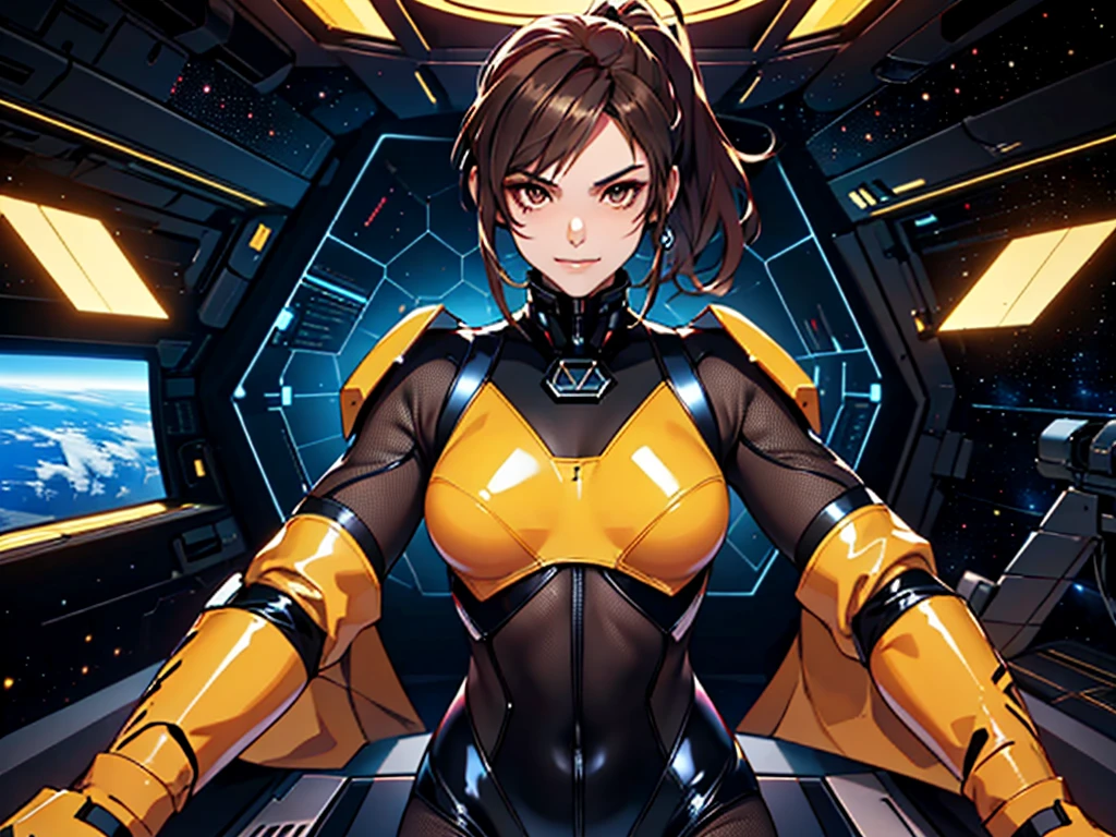 1girl, slender body, slim, extremely long ponytail, (dark brown hair), brown eyes, tan skin, smirk, ((ochre and black latex bodysuit)), (black armor), (((hexagonal mesh))), ((extremely glossy)), cyberwear, space background, starship interior, space cockpit
