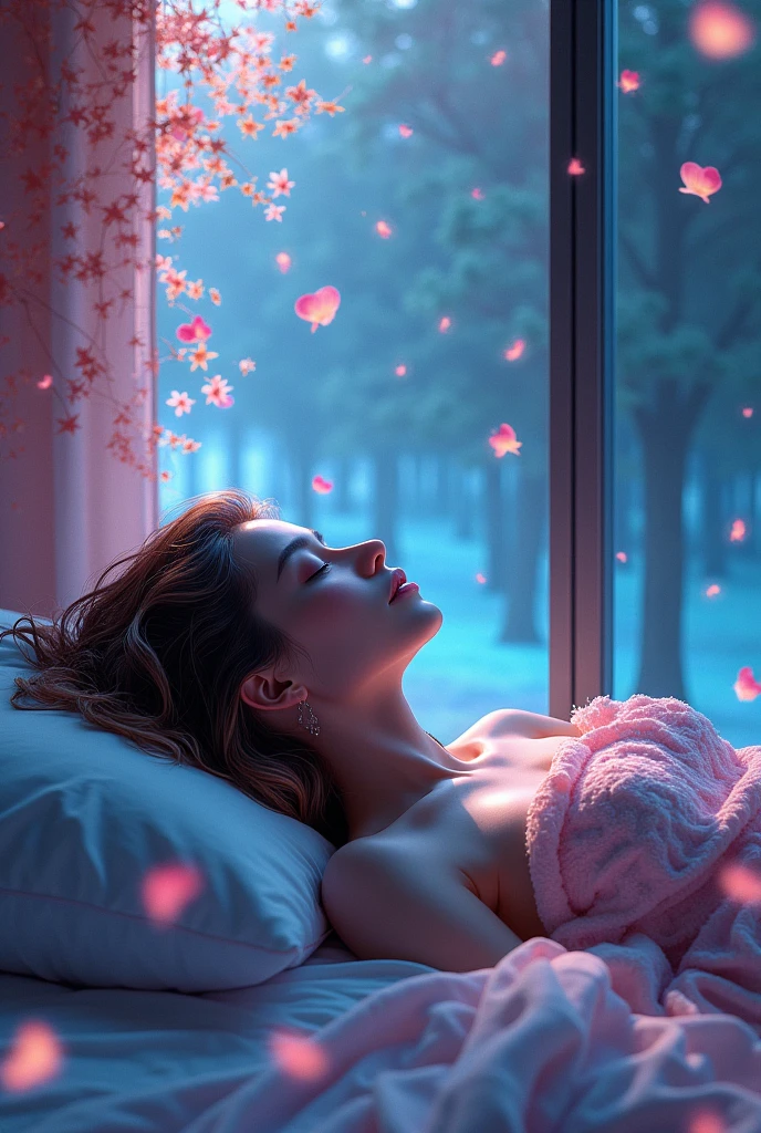 (This is a beautiful, intricate, (romatic) fantasy image that emphasizes beauty and grace.) Generate a blind curvy woman with soft natural freckles. Her face is important and should be (perfectly formed) with (beautiful puffy lips) and (perfect features). There is a cute freckle birthmark on her lip. The image exudes ethereal beauty and soft fantasy, with shimmering shades of pink throughout. Surround her with eternal roses in shimmering shades. Ensure perfection in her face, hair, and eyes. Include sweet and detailed birds and soft, luminous flowers and detailed roses. Utilize dynamic composition and dramatic lighting and cinematic lighting to create an interesting fantasy image. The background of the image is interesting and ultra-detailed, with soft fantasy lighting and gradients. Include fantasy details, cute aura, colorful, colourful, and interesting magical background. ((pretty room)), ((bed)), The image's background is decorated in shades of pink, shimmer, glitter, and fantasy details like colored bubbles and cosmos. Include subtle freckles, natural freckles and a diffused realistic skin tone. Incorporate elements of high fantasy, whimsy, and detailed elegance. English rose, princess, courtesan, noblewoman, sweet, lovely, calm, lovely, shimmering, glimmering, glittering, astrological fantasy, (((masterpiece))), (highest quality), magic rose, fantasy garden, beautiful face, perfect face, puffy lips, interesting, shy smile, fantasy elements, magic rose, beautiful eyes, perfect puffy lips, jewel tones, luminosity. Taken with a canon camera.