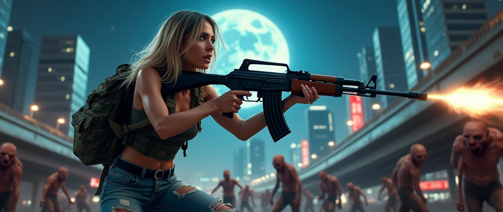 Margot Robbie (beautiful and bold, seductive and attractive, blue eyes, pointed breasts, blonde hair, dark lipstick, sweaty body, open shirt, short shorts, boot, thick legs). (deserted road, dirt road, blood, zombies, zombies coming out of the smoke, zombies behind the model, fire, cars catching fire, abandoned road, zombie movie, apocalyptic scenario, cinematic effect), (Best quality, masterpiece, depth of field, Full HD, 4K, richness of detail). Portrait style