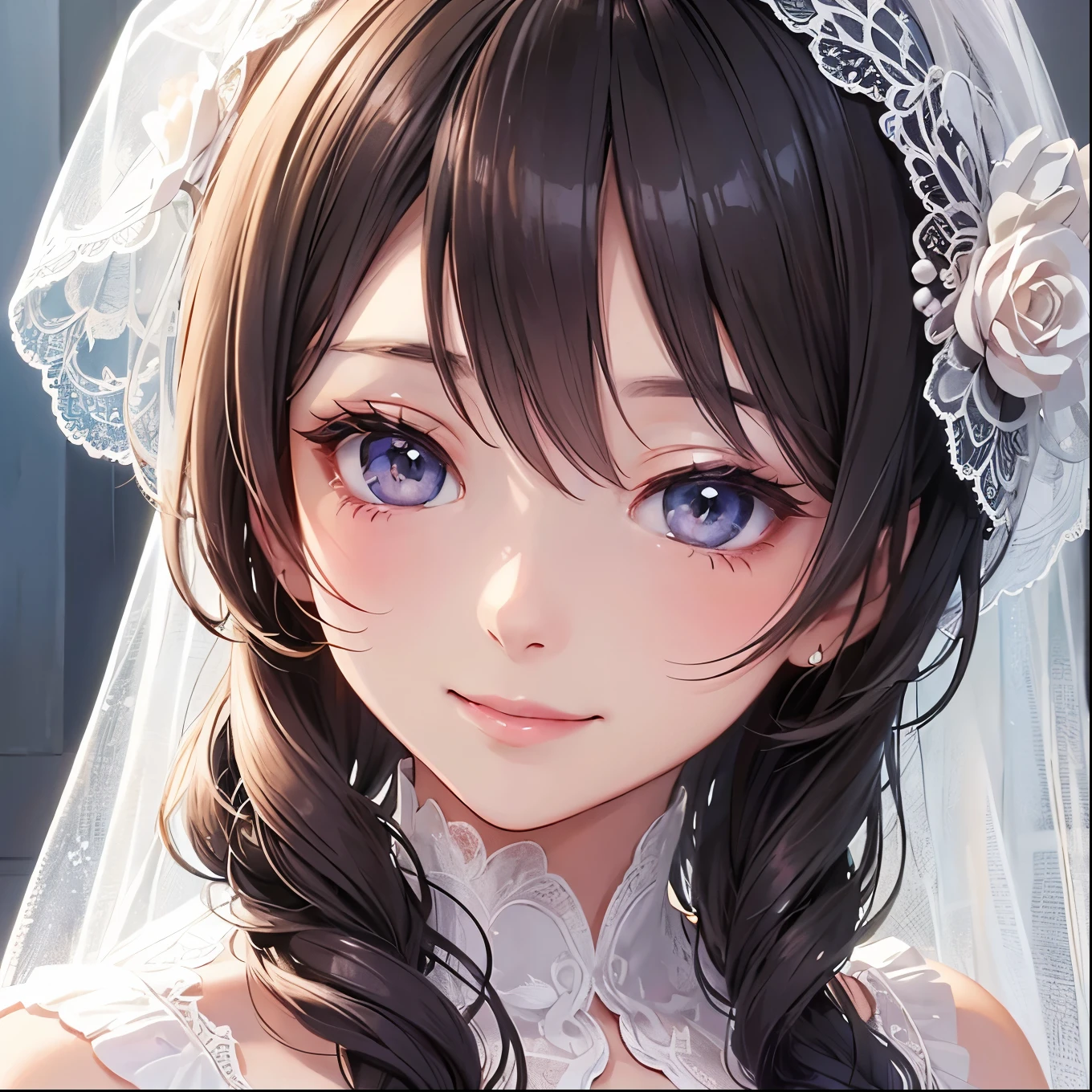 Very detailed、Anime style illustrations、Smiling woman in wedding dress、Close-up、Beautiful lace bouquet、Gorgeous and cute illustrations