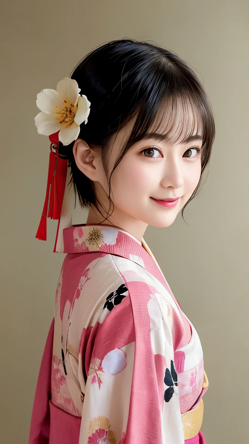 288 (20-year-old woman,Short Hair) , (A kind smile) , (kimono), (colorful), (Japanese painting by Uemura Shōen), flower