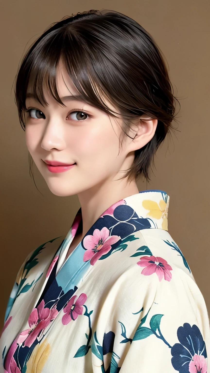 288 (20-year-old woman,Short Hair) , (A kind smile) , (kimono), (colorful), (Japanese painting by Uemura Shōen), flower