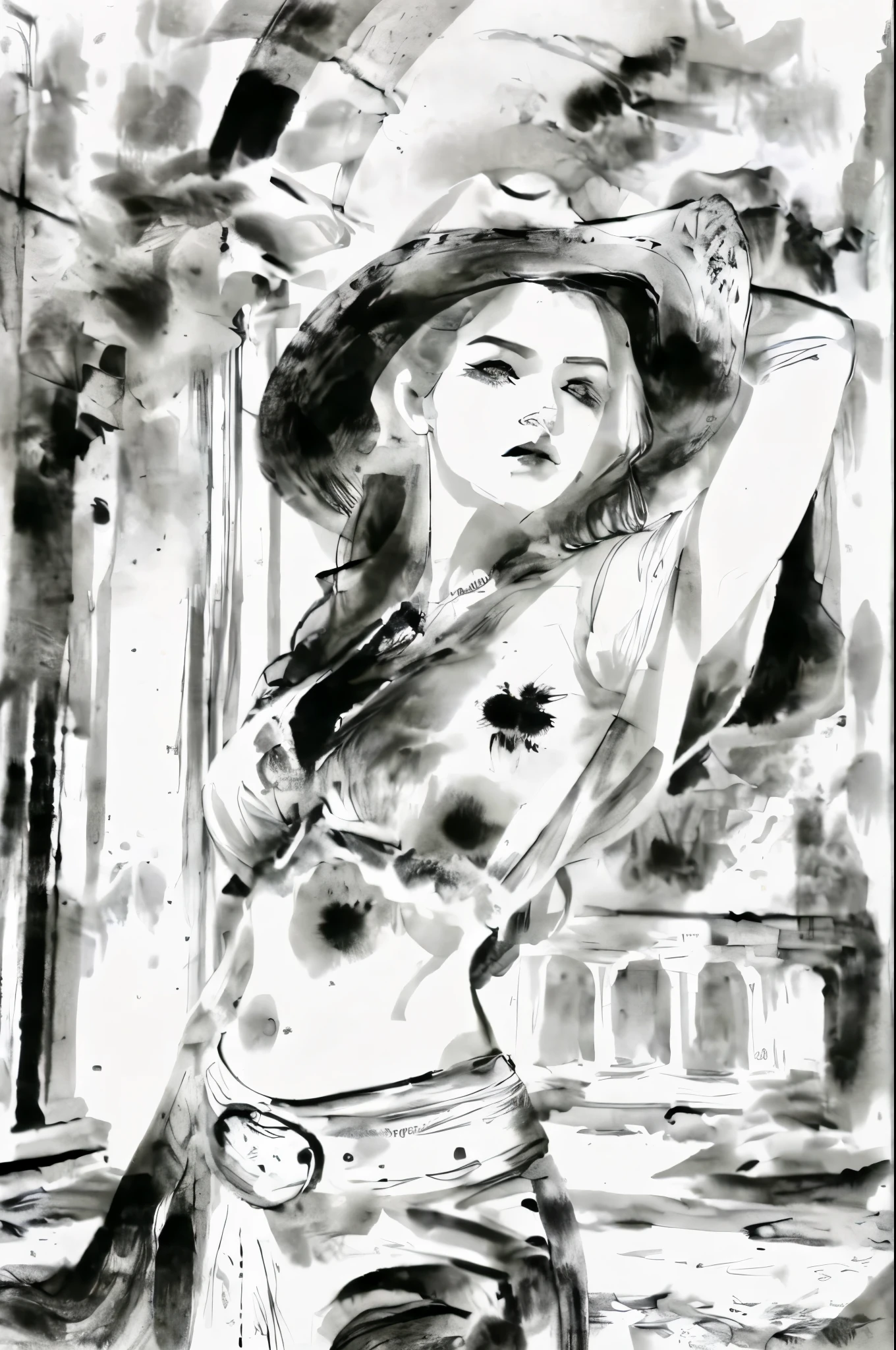 black and white tones, masterpiece, best quality, tradition chinese ink watercolor paintings, use thick and light inks to create light and dark changes and layers, a beautiful 20s russian model, ultra detailed face
