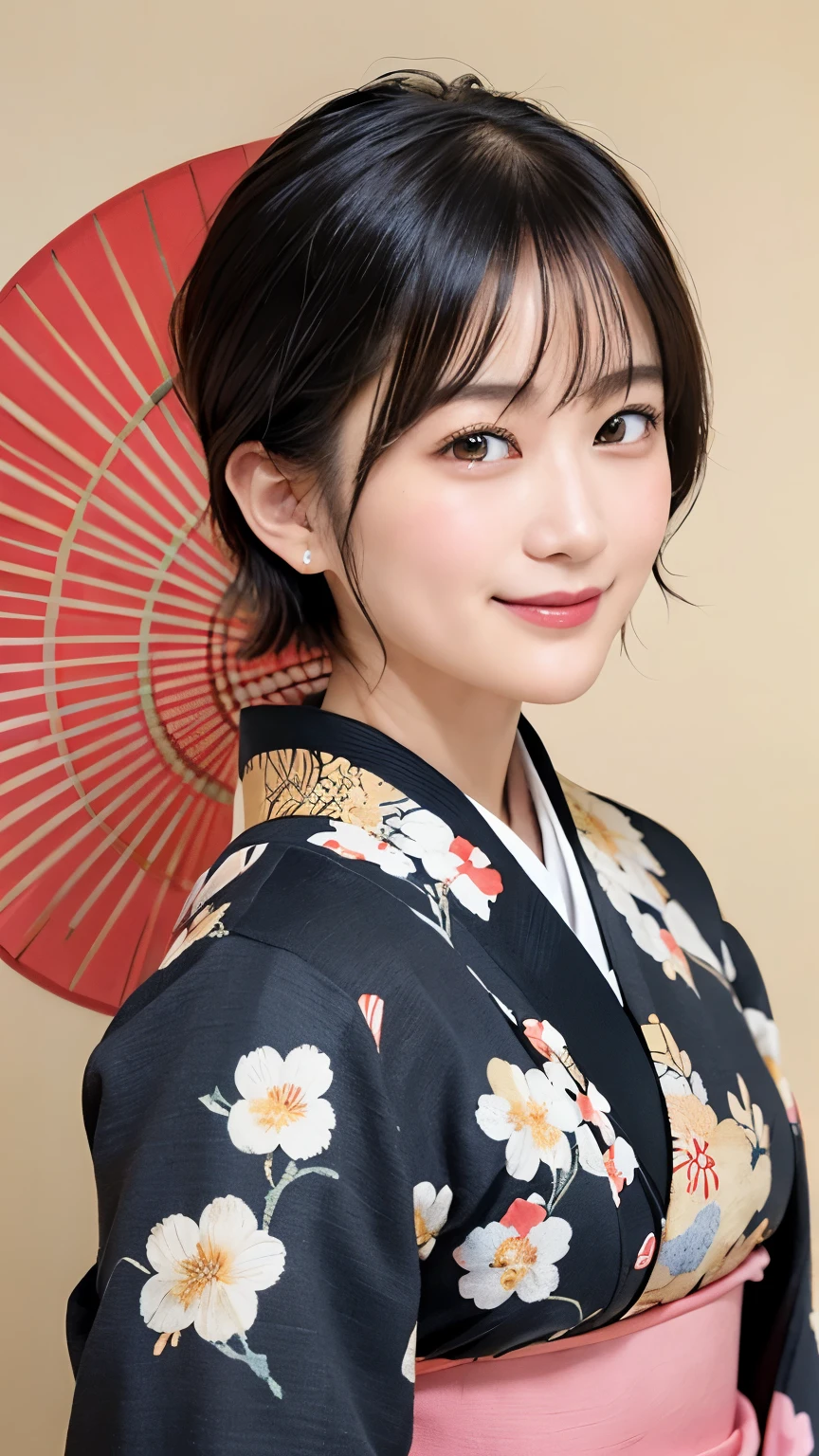 288 (20-year-old woman,Short Hair) , (A kind smile) , (kimono), (colorful), (Japanese painting by Uemura Shōen), flower