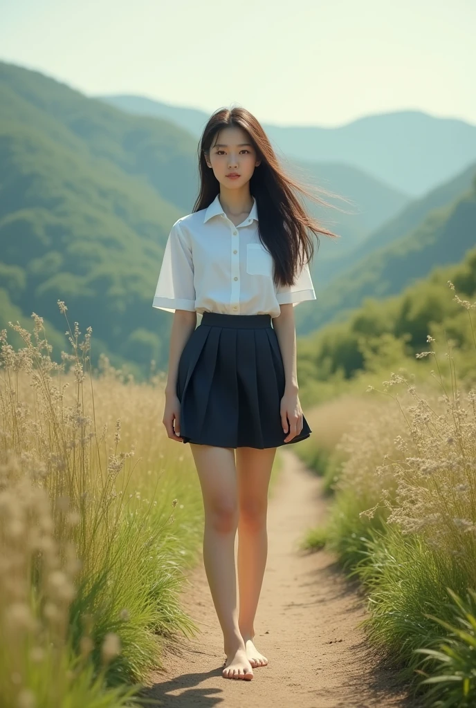 one woman、japanese woman、20-year-old beauty、professional lighting、medium long hair、brunette colored hair、brook in the forest、Light dresini skirt、High resolution、rich expression、no makeup、cute smile、face light、catch light、Body tilted slightly to the right、Foot-to-foot display、hair fluttering in the wind、Show women smaller、slightly larger breasts、Beautiful legs extending from the skirt、Show from skirt to knee、Use a reflector to bring light to your face、Sitting pose with buttocks touching down、hold your knees with both hands