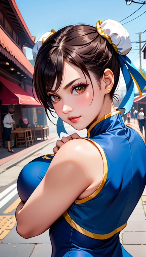 score_9, score_8_up, score_7_up, BREAK, score_9, 1girl, chun-li,street fighter, black hair, brown eyes, eyelashes, short hair, breasts, looking at viewer, standing pose, lips, blue bodysuit, Blue leotard with gold embroidery, blue vest, sleeveless, cowboy shot