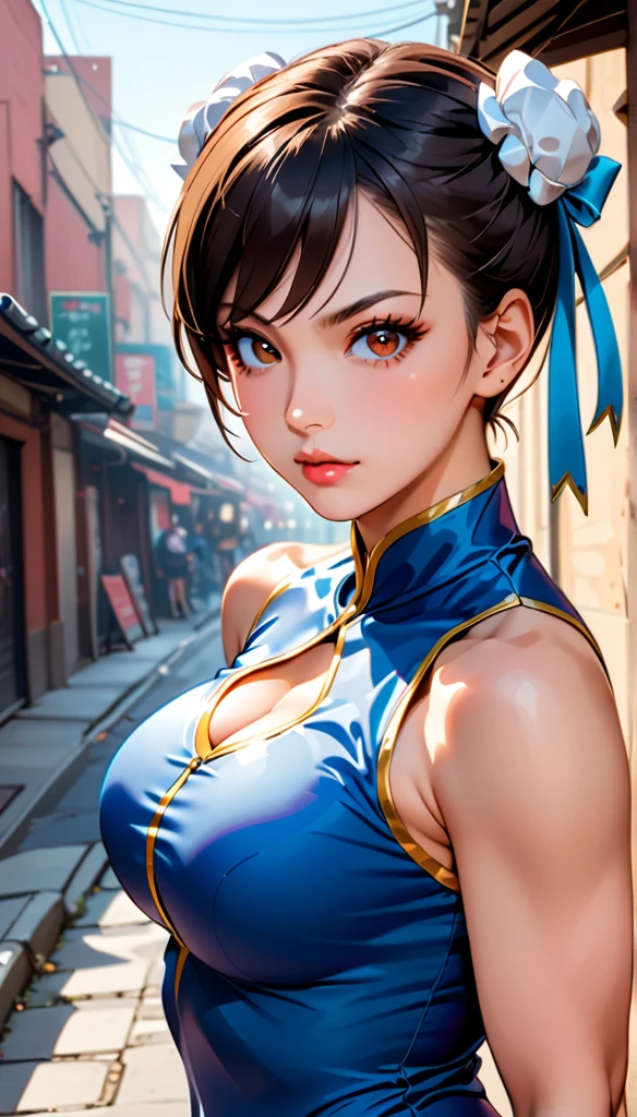 score_9, score_8_up, score_7_up, BREAK, score_9, 1girl, chun-li,street fighter, black hair, brown eyes, eyelashes, short hair, breasts, looking at viewer, standing pose, lips, blue bodysuit, Blue leotard with gold embroidery, blue vest, sleeveless, cowboy shot