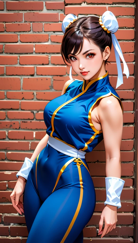 score_9, score_8_up, score_7_up, BREAK, score_9, 1girl, chun-li,street fighter, black hair, brown eyes, eyelashes, short hair, breasts, looking at viewer, standing pose, lips, blue bodysuit, Blue leotard with gold embroidery, blue vest, sleeveless, cowboy shot