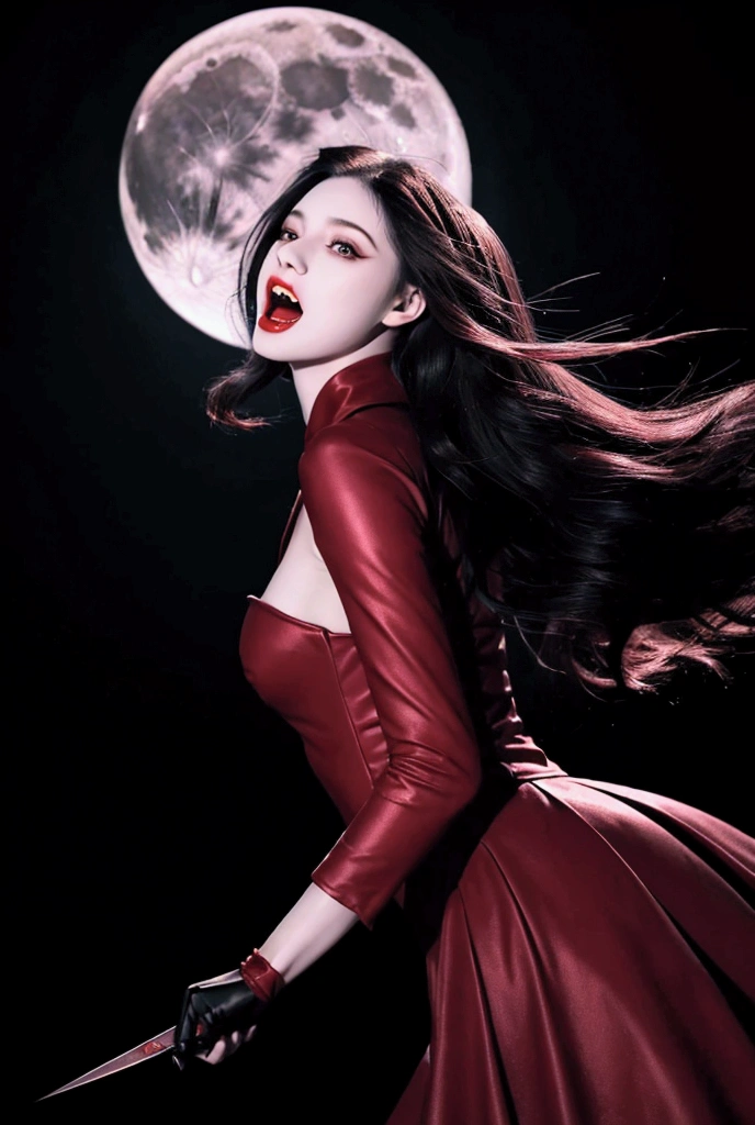 Beautiful sexy vampire girl, mouth open, sharp ((fangs visible)). Sharp eyes, pale skin, night background with moon. 