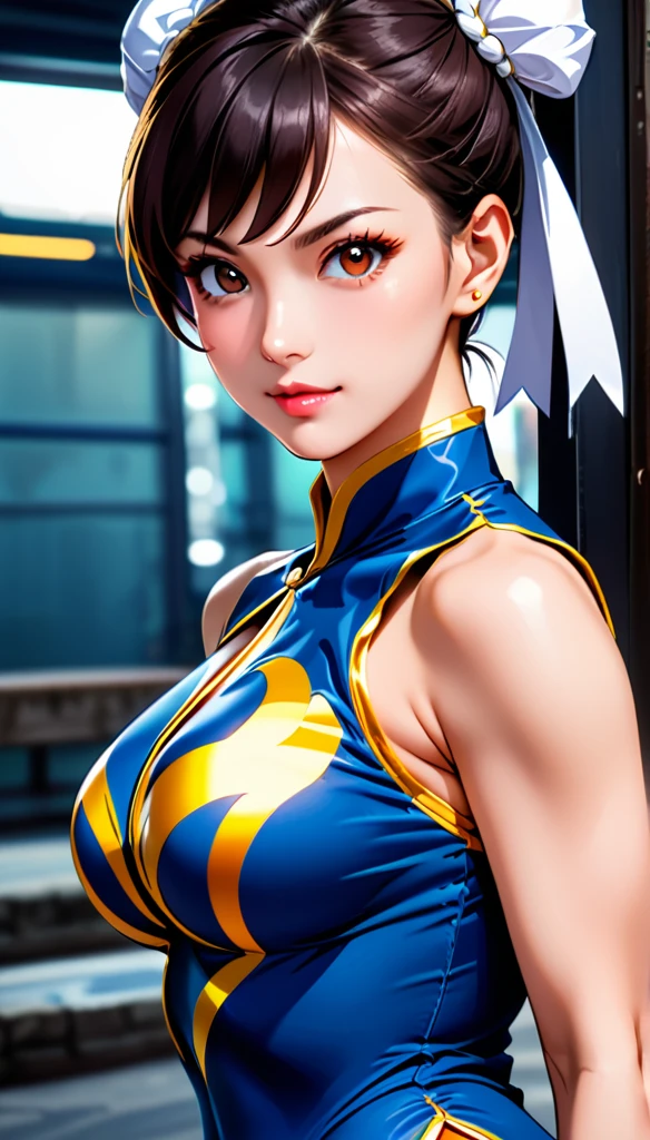 score_9, score_8_up, score_7_up, BREAK, score_9, 1girl, chun-li,street fighter, black hair, brown eyes, eyelashes, short hair, breasts, looking at viewer, standing pose, lips, blue bodysuit, Blue leotard with gold embroidery, blue vest, sleeveless, cowboy shot