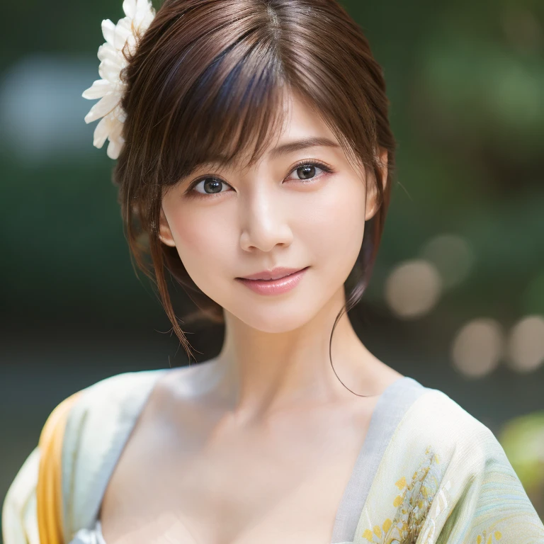 (nsfw:1.2)、(best quality,highres,ultra-detailed),((portrait )),1beautiful Japanese lady,beautiful detailed eyes,beautiful detailed lips,extremely detailed face,longeyelashes,soft smile,flowing hair,natural lighting, wearling japanese elegant Kimono,Large Breasts、Cleavage、