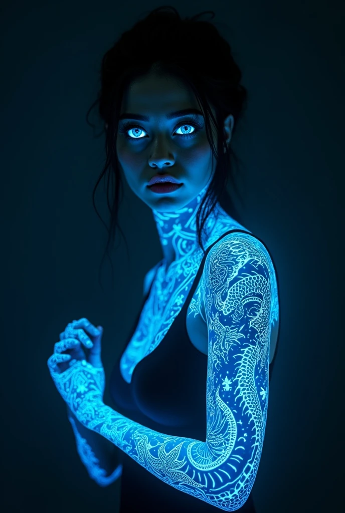 bio ink,  a woman with glowing blue dragon tattoo on her stomach   <lora:BioInk2FLUX:1>