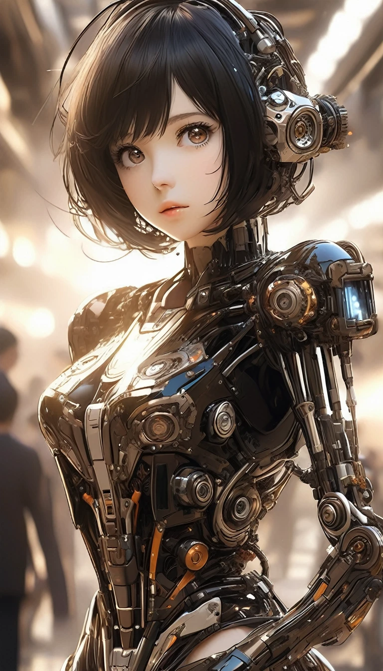 .1girl, solo, brown_eyes, mechanical_arms, breasts, looking_at_viewer, cyborg, short_hair, black_hair, bodysuit, lips, hand_on_hip, facial_mark, small_breasts, skin_tight, single_mechanical_arm, upper_body, closed_mouth, from_side, facepaint, nose.