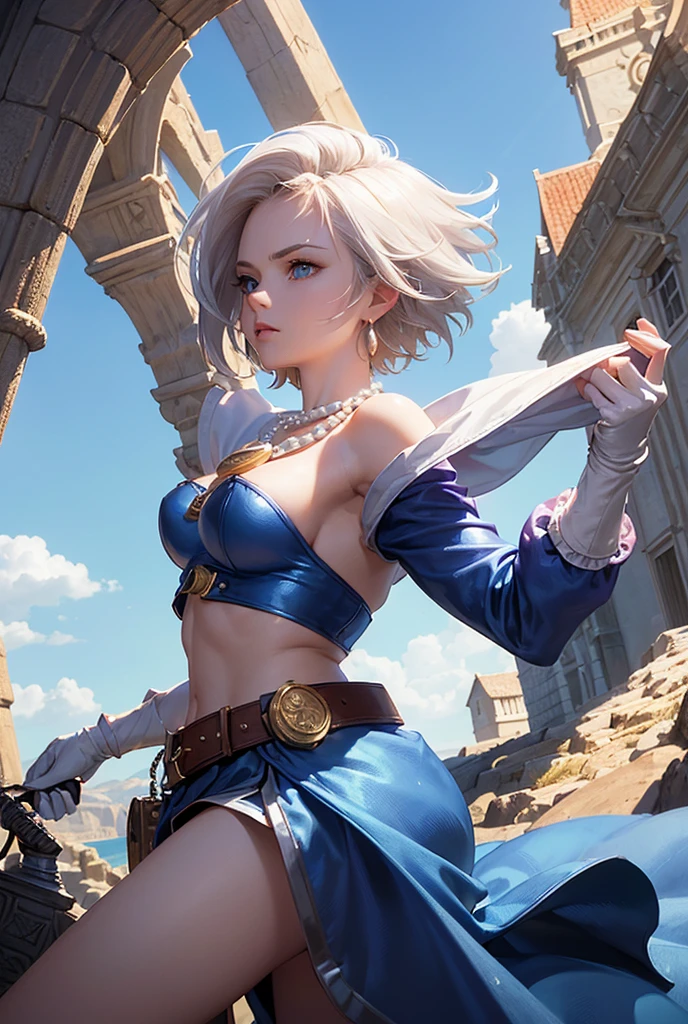 (work of art, best qualityer:1.1), burglar (dq3), 1 girl, standing alone, shorth hair, White hair, blue colored eyes, medium breasts, pink gloves, jewerly, Pearl necklace, aretes, waist belt, elsword, yellow breastplate, body preto, duffel bag, (moeda, elsword on hip:1.2), (dutch angle, dynamic pose, from sideways:1.3), (blue skies, naturey:1.2)