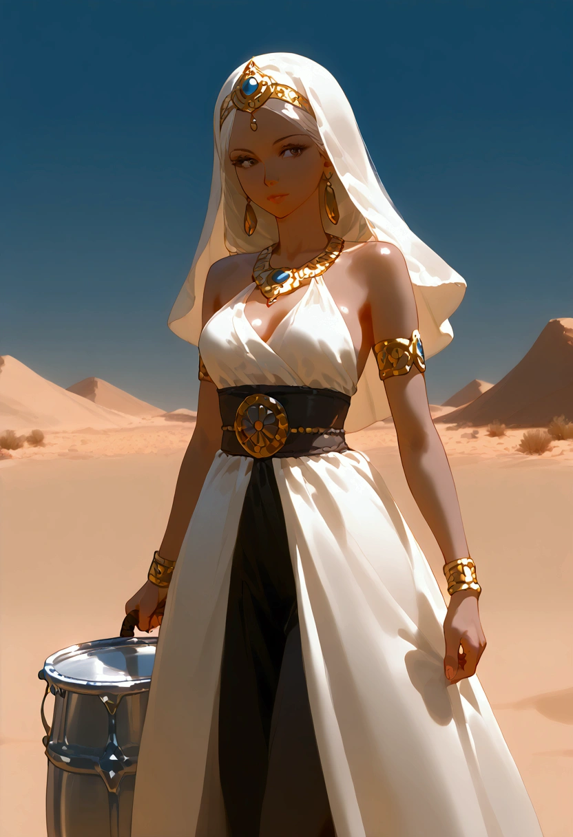 Alafi woman in traditional dress holding a small drum in the desert, a young woman dressed in shamanic clothes, a girl holding a sphere, The setting for the film Silk Road., Beautiful youth, Portrait shot, former princess Lieb, The desert&#39;s flight line is below the woman&#39;s waist., the sky is clear and transparent.  