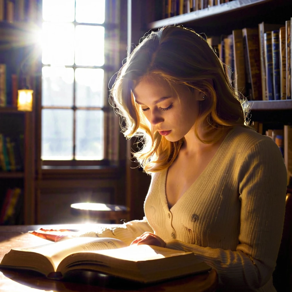 1 person in a library, studying, realistic, detailed facial features, intense concentration, mesmerized by book, warm lighting, cozy atmosphere, elegant bookshelves, sunlight streaming through windows, highly detailed, photorealistic, 8k, sharp focus, vivid colors, studio lighting, cinematic framing