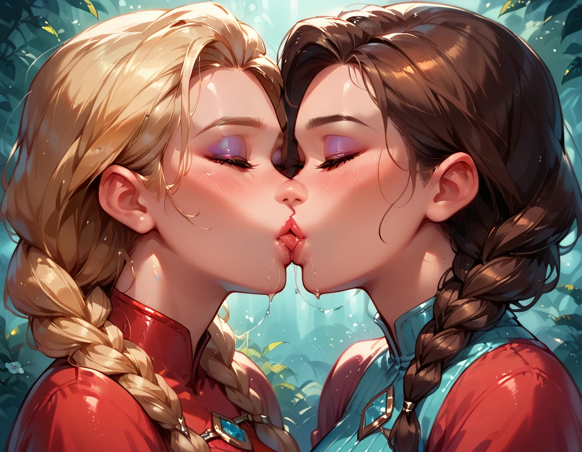 Dark Fantasy Art of score_9, score_8_up, score_7_up, rating_questionable, epiCPhoto, 2girls, duo, couple, yuri, very sexy (Disney's Elsa, blonde, braid, wearing sexy red pvc catsuit:1.2), looking away embarrassed, blush, and (Disney's Anna, brown hair, braided pigtails, wearing sexy red pvc catsuit:1.3), (focus on kiss, kissing, deep kiss, passionate kiss, saliva trail, Saliva_swap, Spit_swap:1.5), soft romantic lighting, in love, filled lips, thick lips, makeup, dark, moody, (dimly lit:1.4), face portrait, close-up shot.