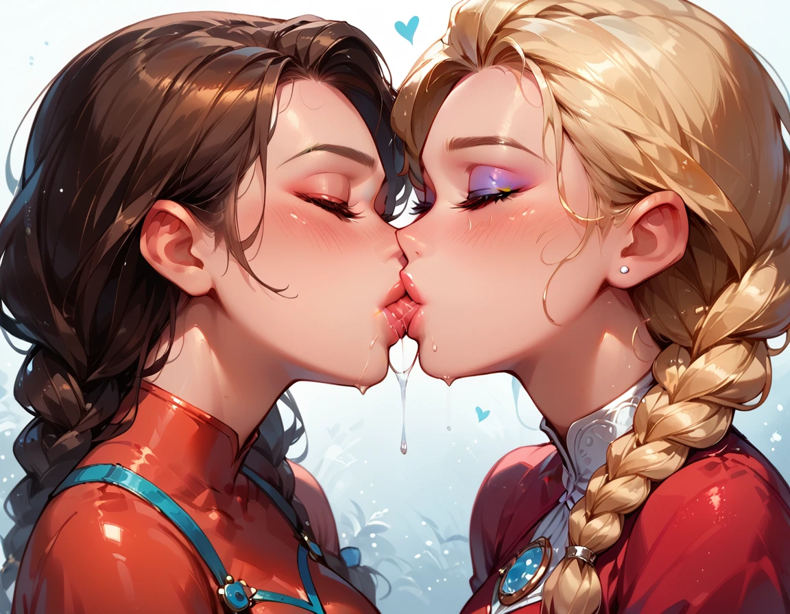 Dark Fantasy Art of score_9, score_8_up, score_7_up, rating_questionable, epiCPhoto, 2girls, duo, couple, yuri, very sexy (Disney's Elsa, blonde, braid, wearing sexy red pvc catsuit:1.2), looking away embarrassed, blush, and (Disney's Anna, brown hair, braided pigtails, wearing sexy red pvc catsuit:1.3), (focus on kiss, kissing, deep kiss, passionate kiss, saliva trail, Saliva_swap, Spit_swap:1.5), soft romantic lighting, in love, filled lips, thick lips, makeup, dark, moody, (dimly lit:1.4), face portrait, close-up shot.