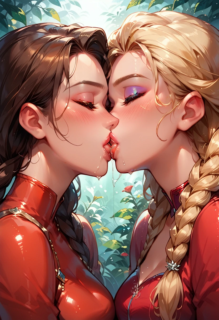 Dark Fantasy Art of score_9, score_8_up, score_7_up, rating_questionable, epiCPhoto, 2girls, duo, couple, yuri, very sexy (Disney's Elsa, blonde, braid, wearing sexy red pvc catsuit:1.2), looking away embarrassed, blush, and (Disney's Anna, brown hair, braided pigtails, wearing sexy red pvc catsuit:1.3), (focus on kiss, kissing, deep kiss, passionate kiss, saliva trail, Saliva_swap, Spit_swap:1.5), soft romantic lighting, in love, filled lips, thick lips, makeup, dark, moody, (dimly lit:1.4), face portrait, close-up shot.