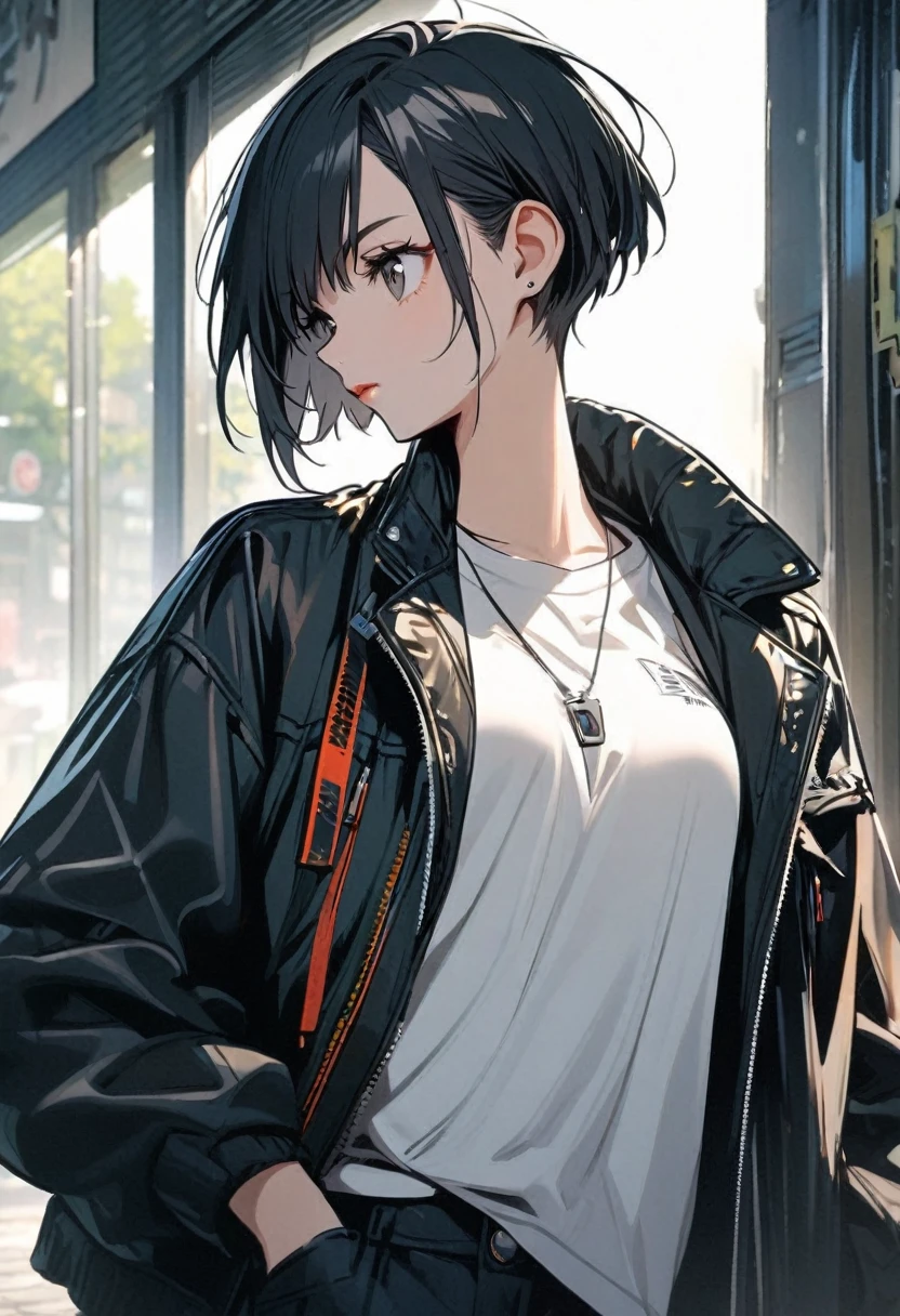 High resolution, Highest quality, super high quality, Ultra-detailed,(A woman holding a cigarette:1.3)、 Bobcut、Black Hair、Blue eyes、Leaning against a wall、(Black Riders Jacket:1.5)、(White inner shirt:1.5)、(Black Mini Skirt:1.3)、Beautiful Skin、Beautiful Face、Beautiful Eyes、It's cool、Just one cigarette、
