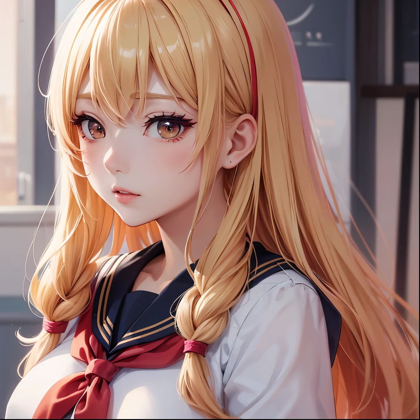 Very detailed、Anime style illustrations、Blonde high school girl with heavy makeup、Sailor suit、Cherry Hair Tie、Close-up from chest up