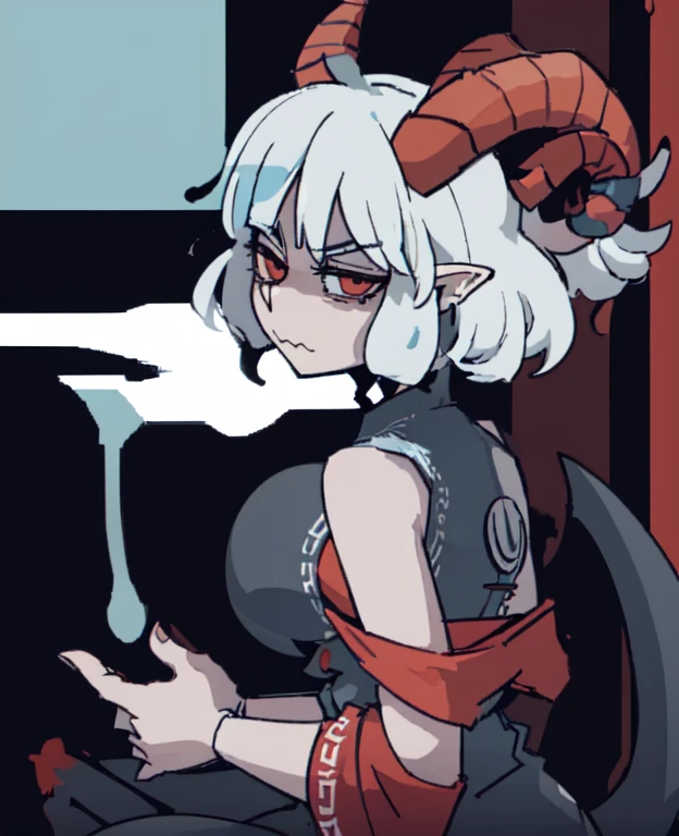 anime girl with horns and a tank top with a red background, oni horns, anime monster girl, satan daughter, in an anime style, kantai collection style, mika kurai demon, demon girl, konachan, white horns queen demon, demon anime girl, marin kitagawa fanart, octan, in anime style, with horns, shikamimi
