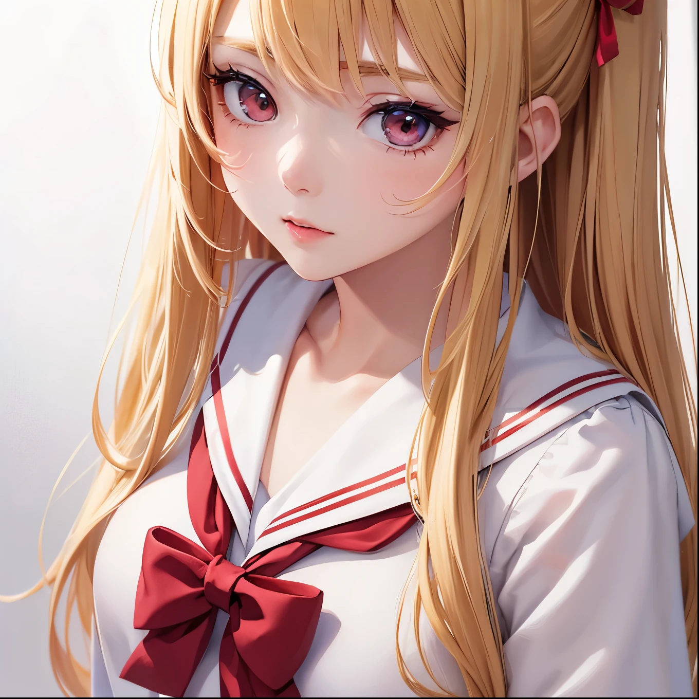 Very detailed、Anime style illustrations、Blonde high school girl with heavy makeup、Sailor suit、Cherry Hair Tie、Close-up from chest up