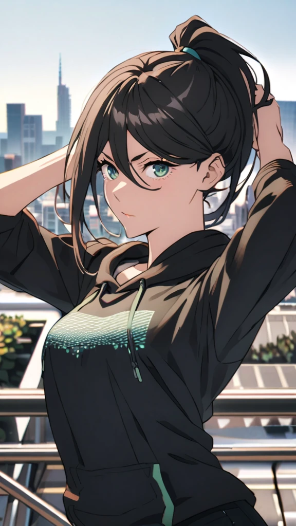 Black hair ponytail、Tie your hair in a cool style、Black hoodie、Black jeans、Placed at an oblique angle、Urban stylish cityscape background、Cheerful girl、boyish、Cool pose。