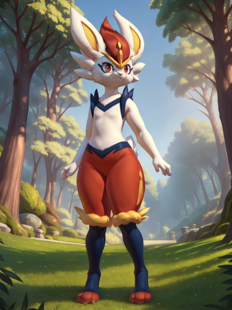 cinderace, female, full body, red eyes, (soft shading), 4k, hi res, five fingers, detailed hands, ((detailed face, (detailed eyes:1.0), detailed)), by zackarry911, by zaush, (by personalami:0.5),standing, looking at viewer, grass, park, trees, rabbit tail