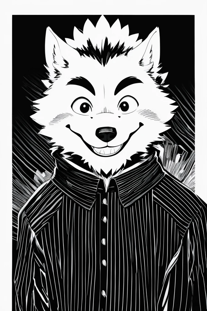 Plain background、Whiten the background、Monochrome、 Comical werewolf wearing a long sleeved black shirt、A delicious looking cartoon of meat appears before your eyes、Happy Face、smile、cute、