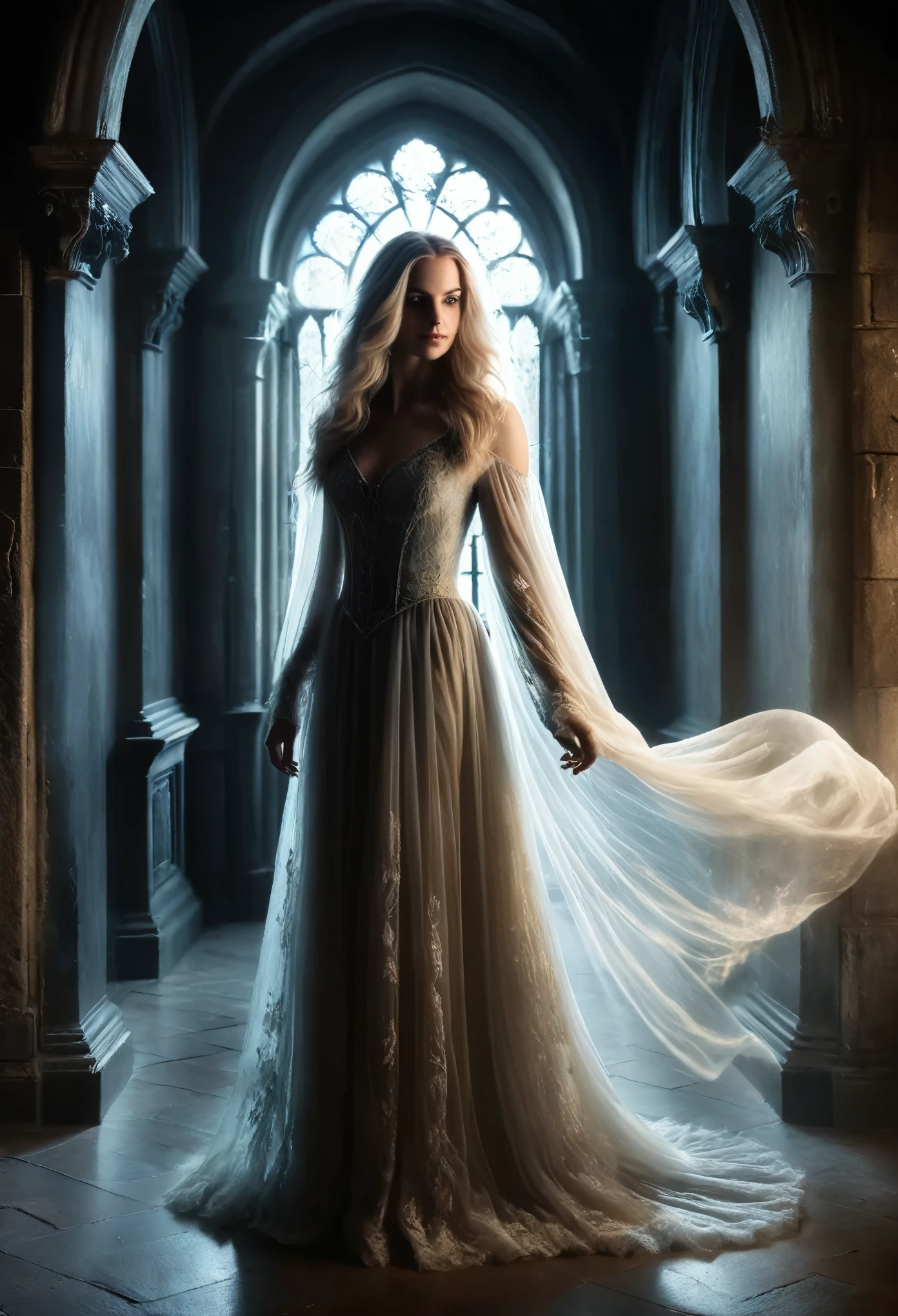 (Masterpiece, half body shot), Imagine a scene set within the eerie embrace of an ancient castle's dimly lit corridors, under the cloak of night. In the heart of this gothic setting, a translucent young beautiful spectral female ghost glides silently towards the camera. she is looking ast the camera smiling, She embodies the ethereal beauty of the supernatural, with long flowing hair that seems to flutter in an unfelt breeze and a gown that whispers tales of yesteryears. Her presence is both haunting and mesmerizing, a spectral vision caught between worlds. The castle around her, with its towering stone walls, arched doorways, and flickering torches, provides a backdrop steeped in mystery and age-old secrets. The air is thick with the weight of history, each shadow hinting at stories untold. This ghost, a whisper of a young woman's tragedy and elegance, moves with a grace that belies her eerie nature, captivating the observer with her otherworldly beauty and the poignant reminder of the castle's haunted past. 16K, ultra high res.photorealistic, UHD, RAW