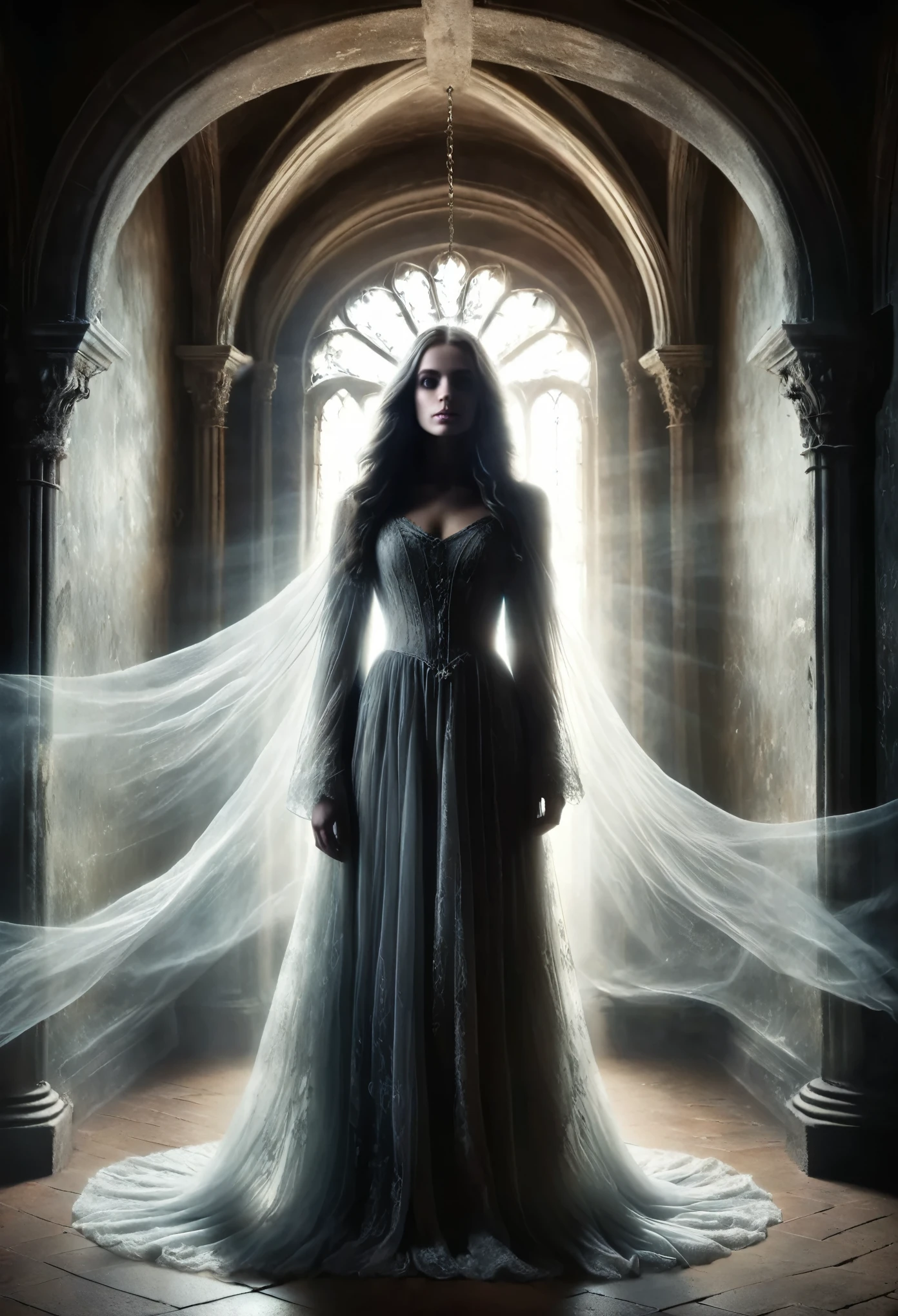 (Masterpiece, half body shot), Imagine a scene set within the eerie embrace of an ancient castle's dimly lit corridors, under the cloak of night. In the heart of this gothic setting, a translucent young beautiful spectral female ghost glides silently towards the camera. she is looking ast the camera smiling, She embodies the ethereal beauty of the supernatural, with long flowing hair that seems to flutter in an unfelt breeze and a gown that whispers tales of yesteryears. Her presence is both haunting and mesmerizing, a spectral vision caught between worlds. The castle around her, with its towering stone walls, arched doorways, and flickering torches, provides a backdrop steeped in mystery and age-old secrets. The air is thick with the weight of history, each shadow hinting at stories untold. This ghost, a whisper of a young woman's tragedy and elegance, moves with a grace that belies her eerie nature, captivating the observer with her otherworldly beauty and the poignant reminder of the castle's haunted past. 16K, ultra high res.photorealistic, UHD, RAW