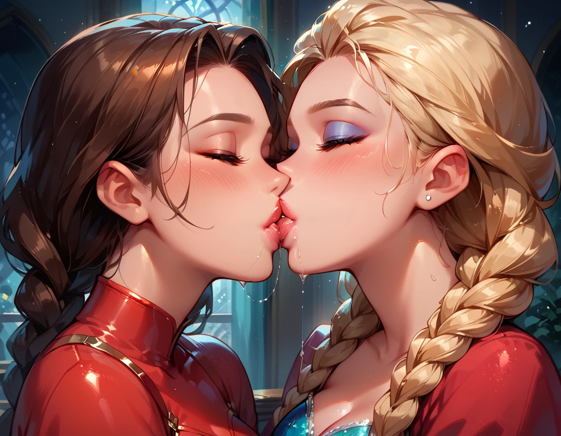 score_9, score_8_up, score_7_up, rating_questionable, epiCPhoto, 2girls, duo, couple, yuri, very sexy (Disney's Elsa, blonde, braid, wearing sexy red pvc catsuit:1.2), looking away embarrassed, blush, and (Disney's Anna, brown hair, braided pigtails, wearing sexy red pvc catsuit:1.3), (focus on kiss, kissing, deep kiss, passionate kiss, saliva trail, Saliva_swap, Spit_swap:1.5), beautiful, graceful, elegant, beautiful scene, soft romantic lighting, in love, filled lips, thick lips, makeup, dark, moody, (dimly lit:1.4), face portrait, close-up shot, highly detailed, sexy scene, absurdres, 4k, masterpiece, best quality.