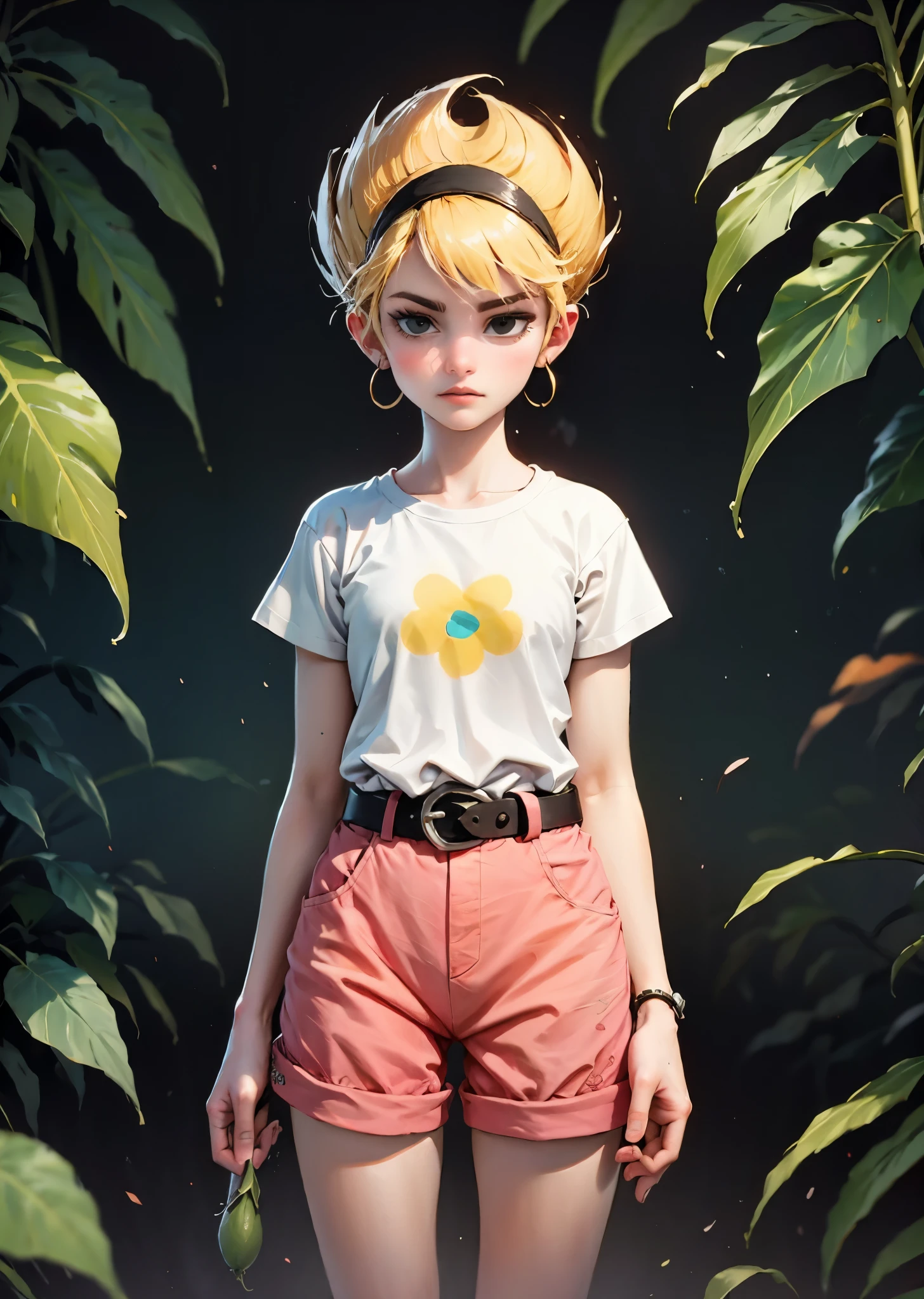 masterpiece, high quality, highres, absurdres, Refreshing Melon Style: Create a refreshing ensemble inspired by melon, with orange shorts and a light green T-shirt. Introduce accessories with melon details, such as a belt with a seed-shaped buckle.
  mandy, blonde hair, short hair, black eyes, black headband, sharp hair, ,expressionless, dress, 1girl,