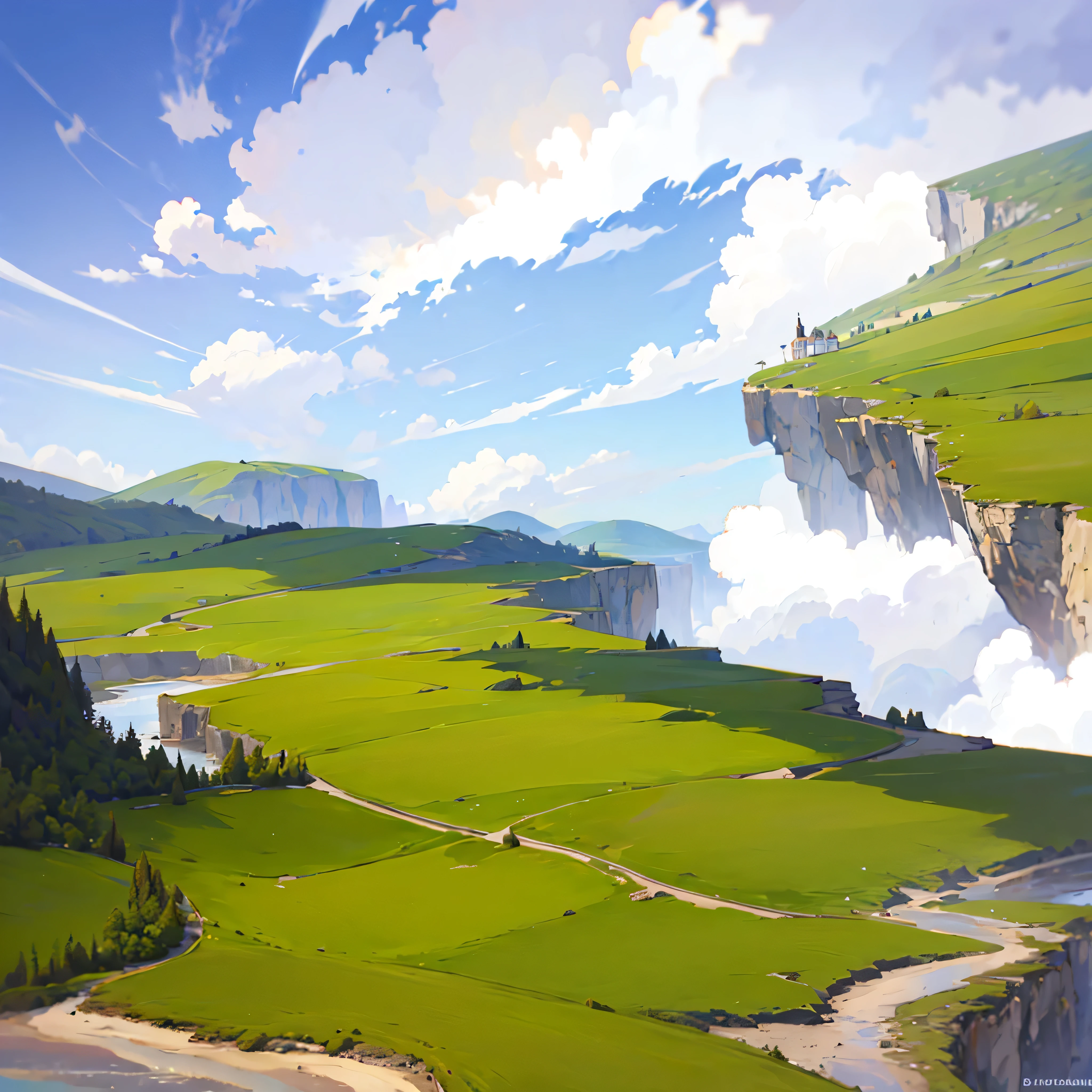 Painting of a scenic view of a valley with a river and a cliff - SeaArt AI