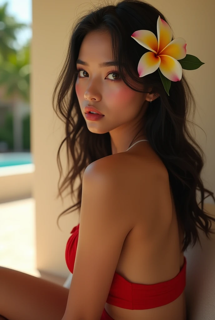 Beautiful and charming woman in fashion trend, full body: 1.6, holding flowers, random hairstyle, sitting under a parasol, by the sea, tight slip dress random color, wind blowing hair, blue sky and white clouds, delicate sexy collarbone, covering chest, charming goose egg face, double eyelids, smart peach blossom eyes, pink lips, small upturned nose, bare shoulders, focused face, face close-up, ultra-high definition, super detail, ultra-thin translucency, fresh and good, see-through, pink