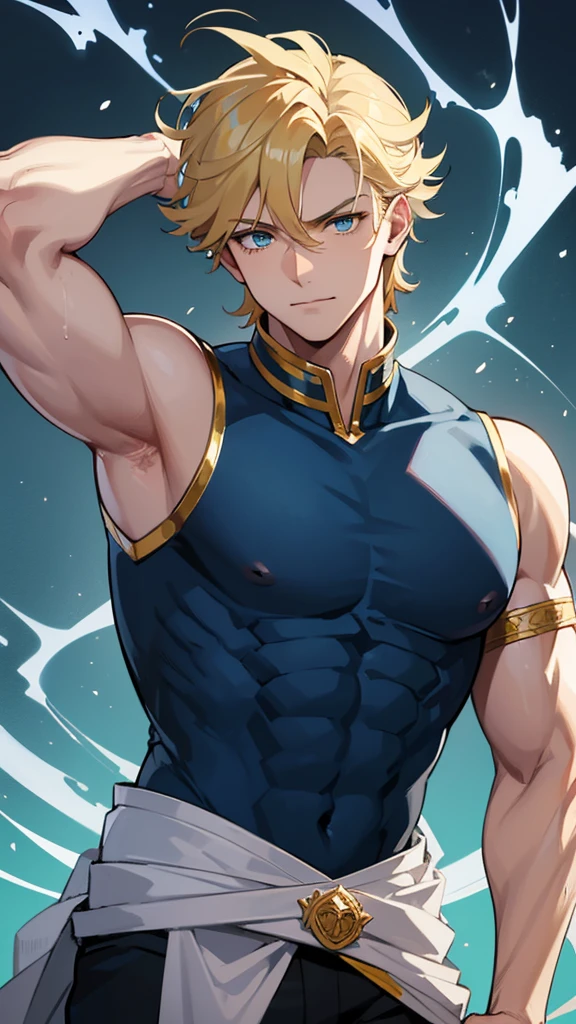 "(Ozymandias, pose imponente y seductora, sonrisa arrogante, defined muscles, pecho prominente y grande, pecho musculoso enorme, musculos marcados, hombros anchos, poca ropa, fondo negro de estrellas, pecho descubierto, sin armaduras, tight trousers, sin armaduras doradas, pose sexy, poca ropa, tetas grandes, cuerpo sudado, piernas musculosas, tocandose las tetas de hombre, entrepierna marcada, gran pene, trasero enorme)"